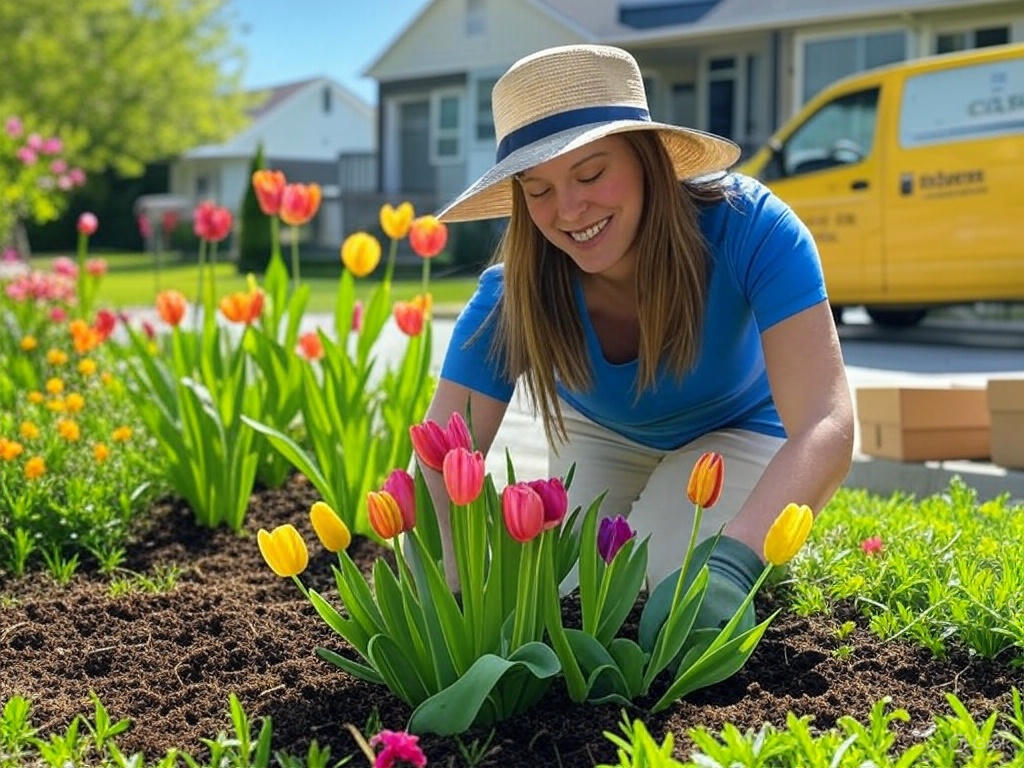 spring-planting-new-home-golden-tape-movers New homeowner planting tulips in a spring garden with Golden Tape Movers truck in the background