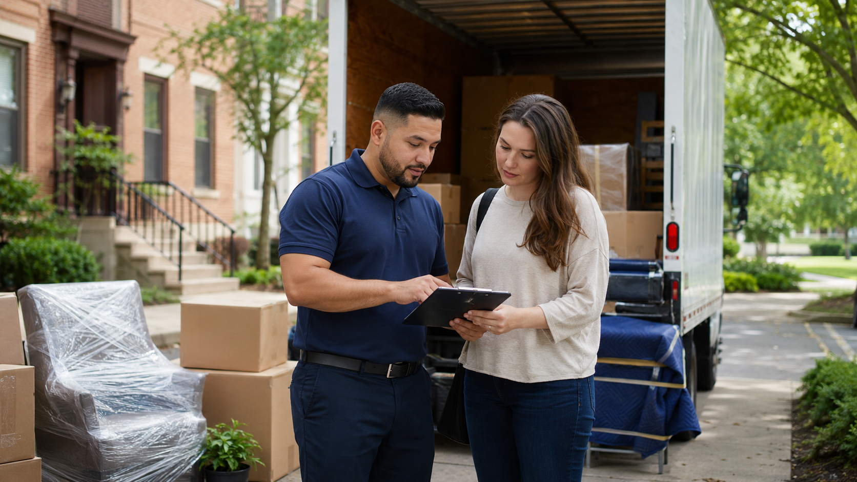 Bethesda movers reviewing moving details with a customer before moving day